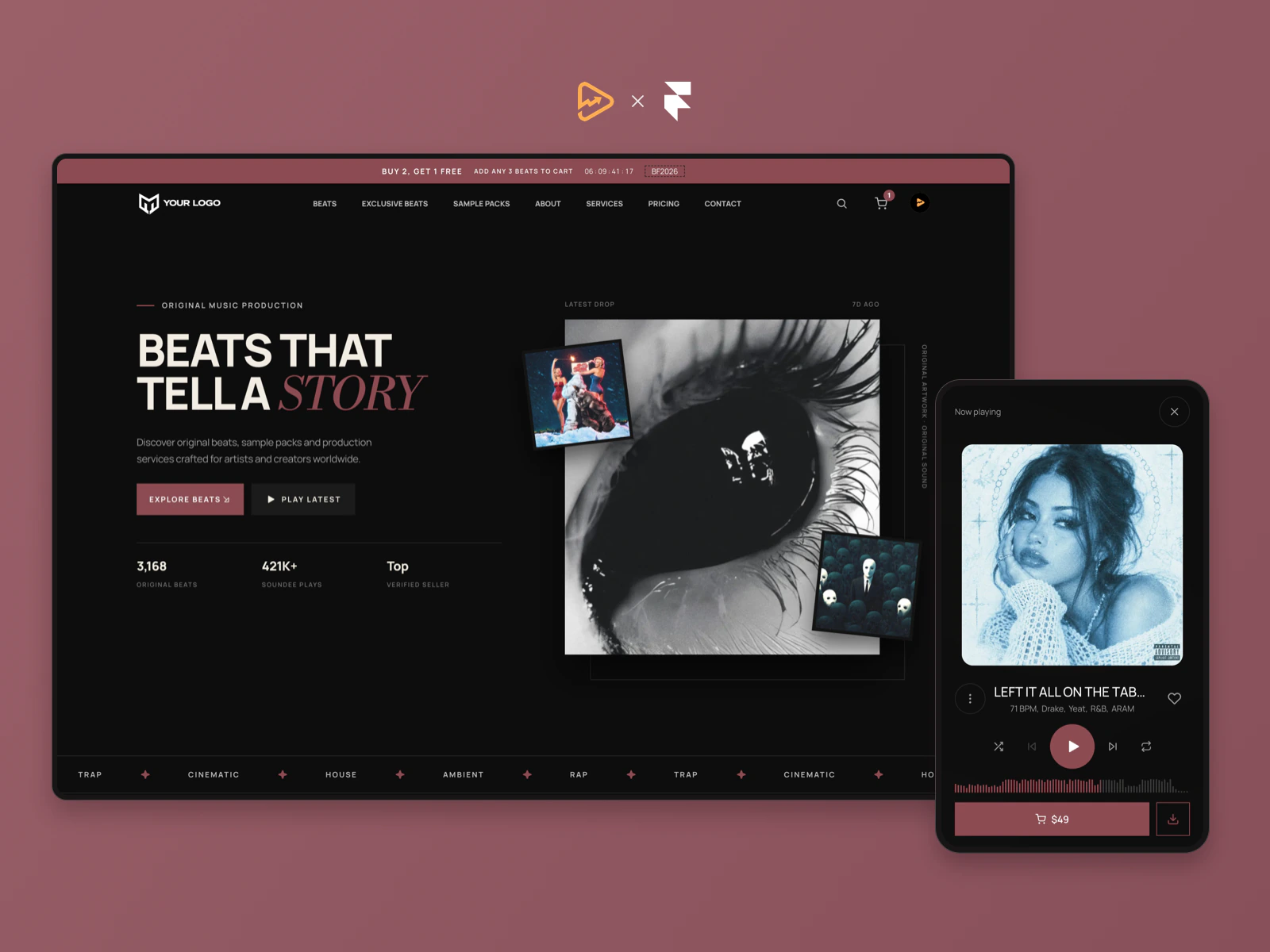 Soundee Starter template cover showing the desktop website and fullscreen mobile music player on a muted rose background