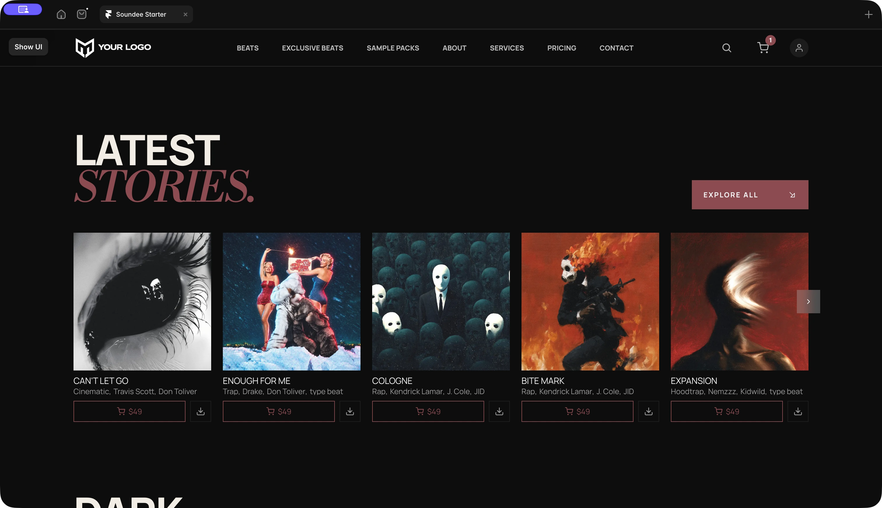 Beat catalog section included in the Soundee for Framer template