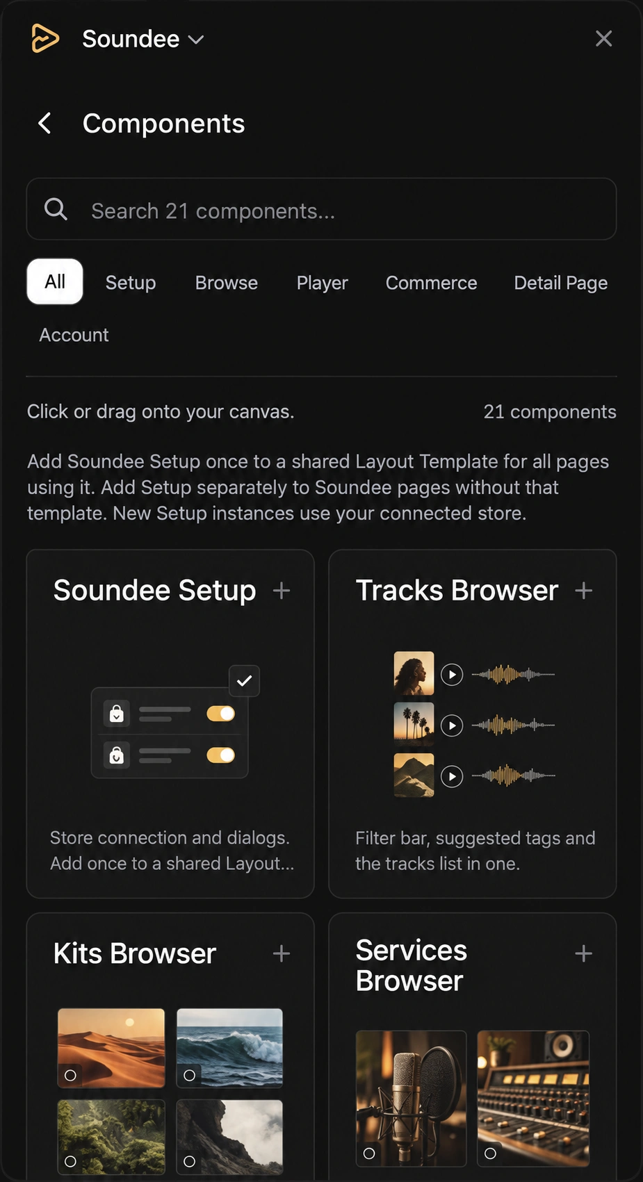 Sharpened reconstruction of the Soundee plugin: search 21 components, filter by category and insert components into your canvas