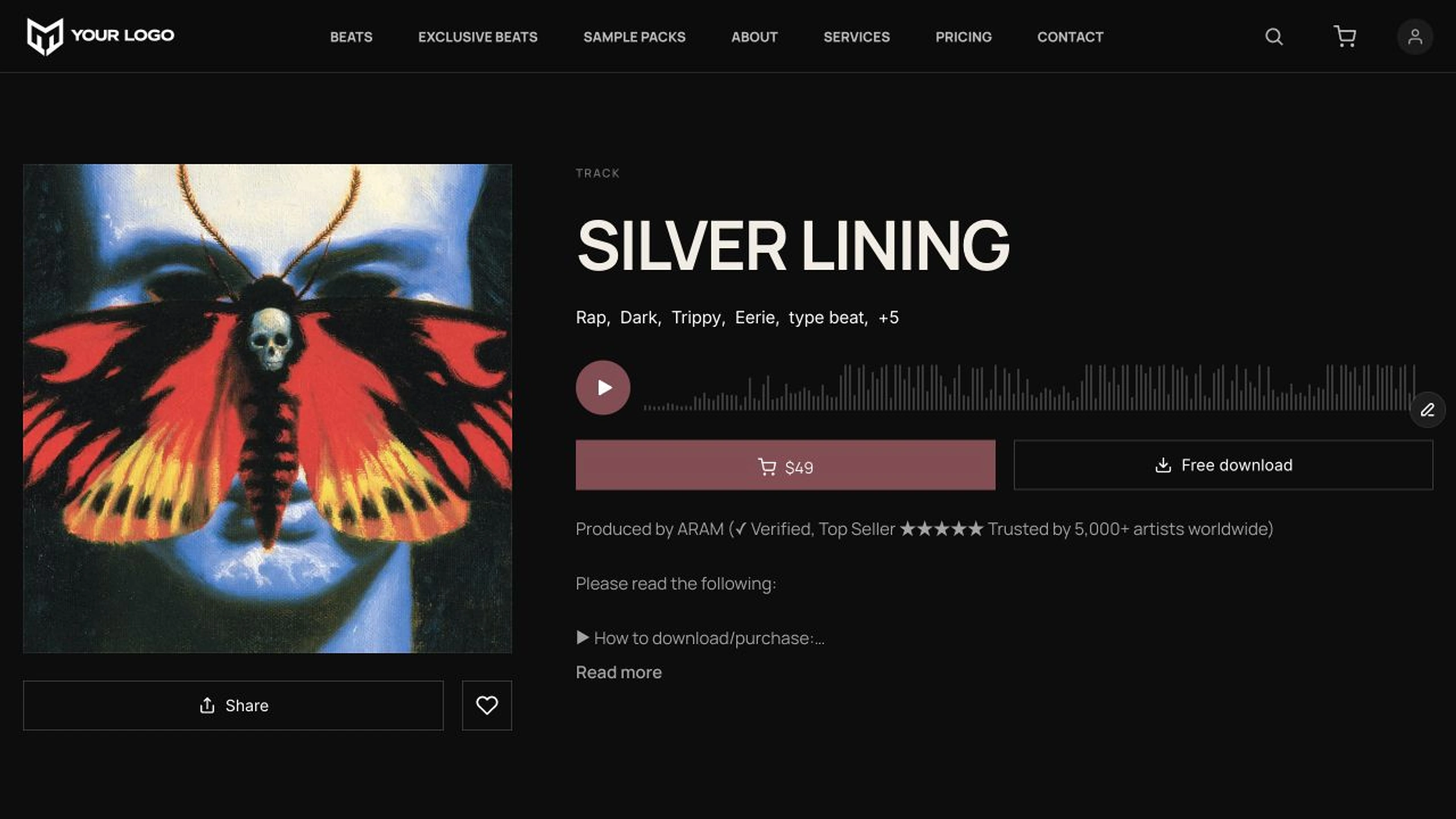 Silver Lining product page in the Soundee template, with cover artwork, waveform and license button