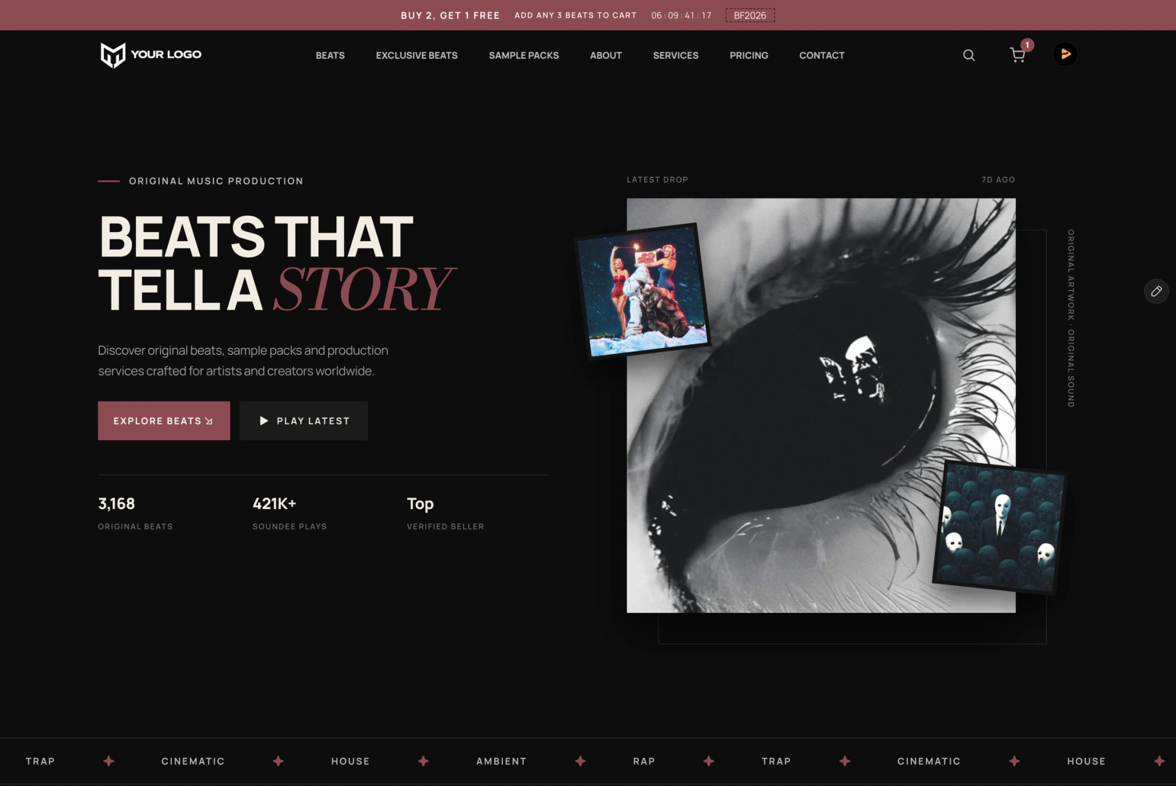 The Soundee Starter template in Framer: a beat store home page with the headline Beats That Tell a Story and album covers