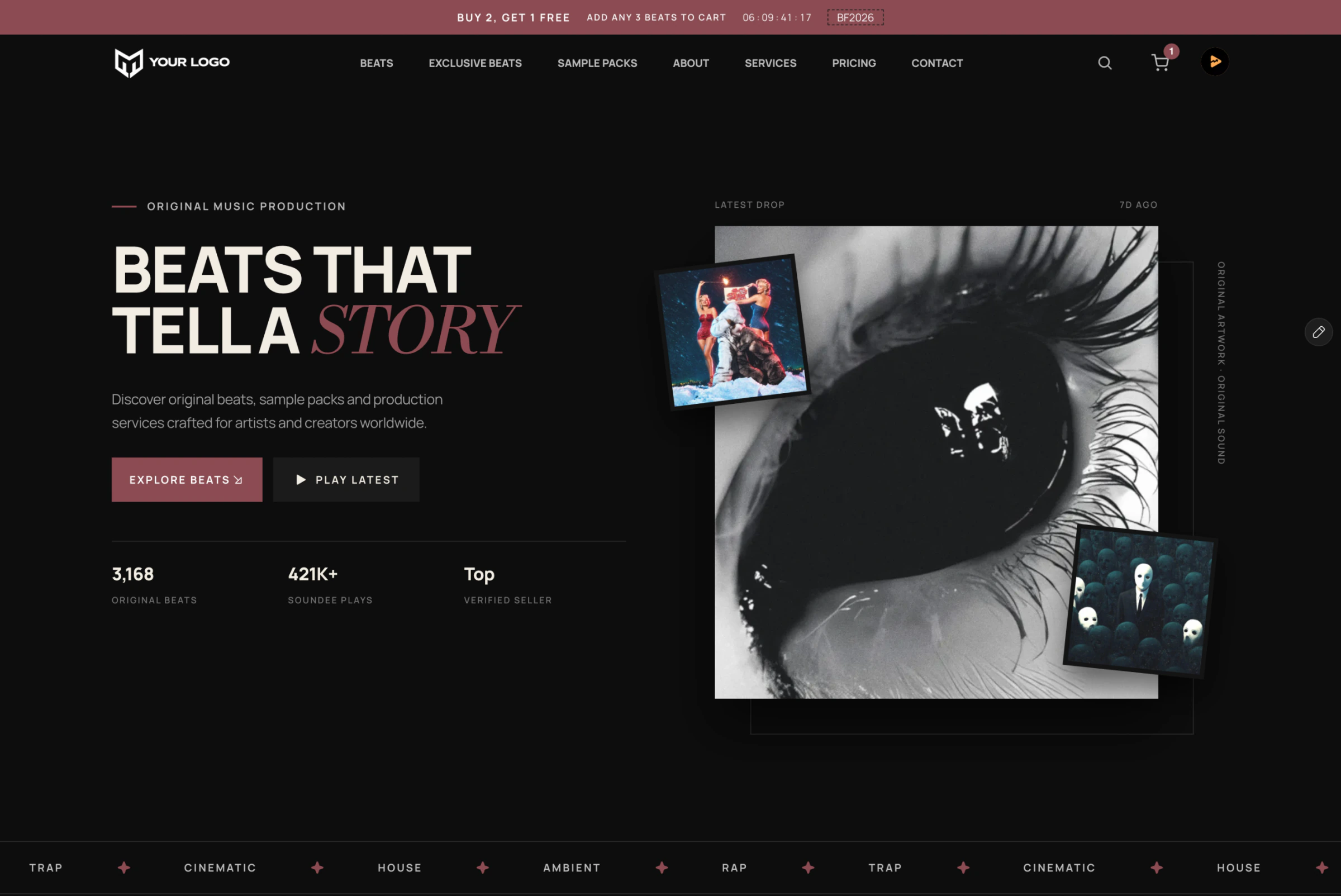 Soundee Starter desktop website with the headline Beats That Tell a Story, eye artwork and album covers