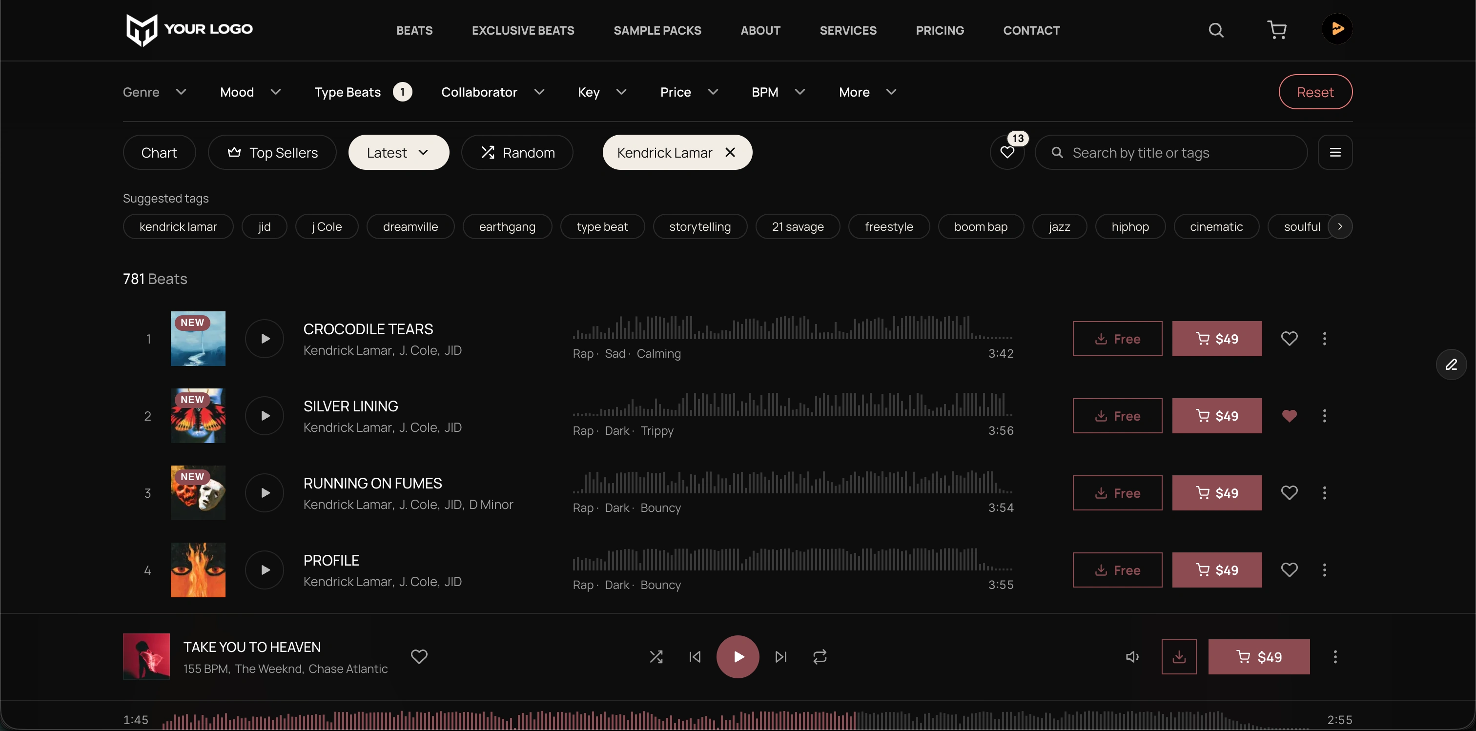 Producer beat storefront with filters, search, track artwork, waveforms, licenses and a sticky audio player